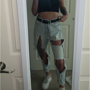 holy mom jeans, stitched in one location and one small coffee splash stain